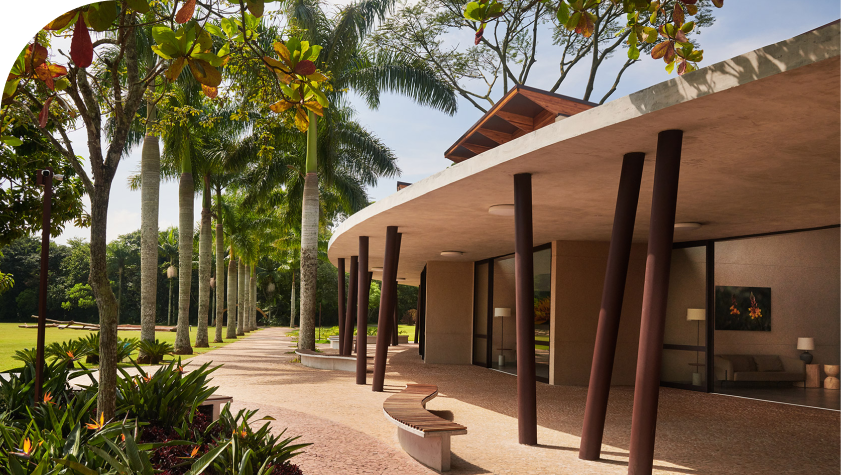 Imagem de um lugar moderno rodeada por árvores altas e plantas, com um design arquitetônico contemporâneo e decoração ao ar livre, ideal para quem busca luxo e sofisticação na construção.